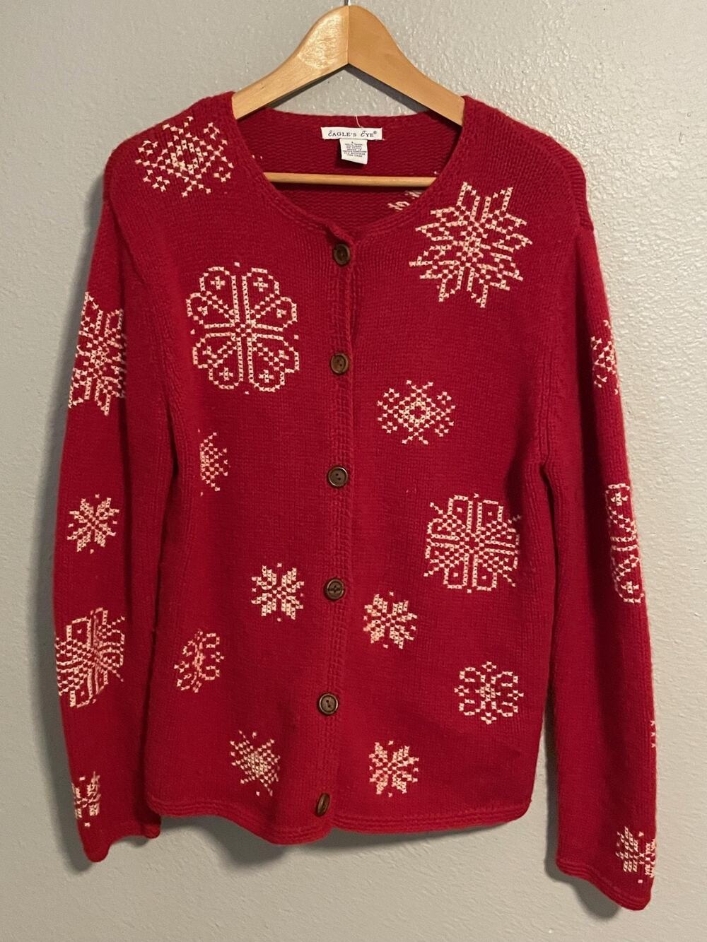 Vintage Eagles Eye Cardigan Womens Large Red Wool Snowflake Christmas 90s READ